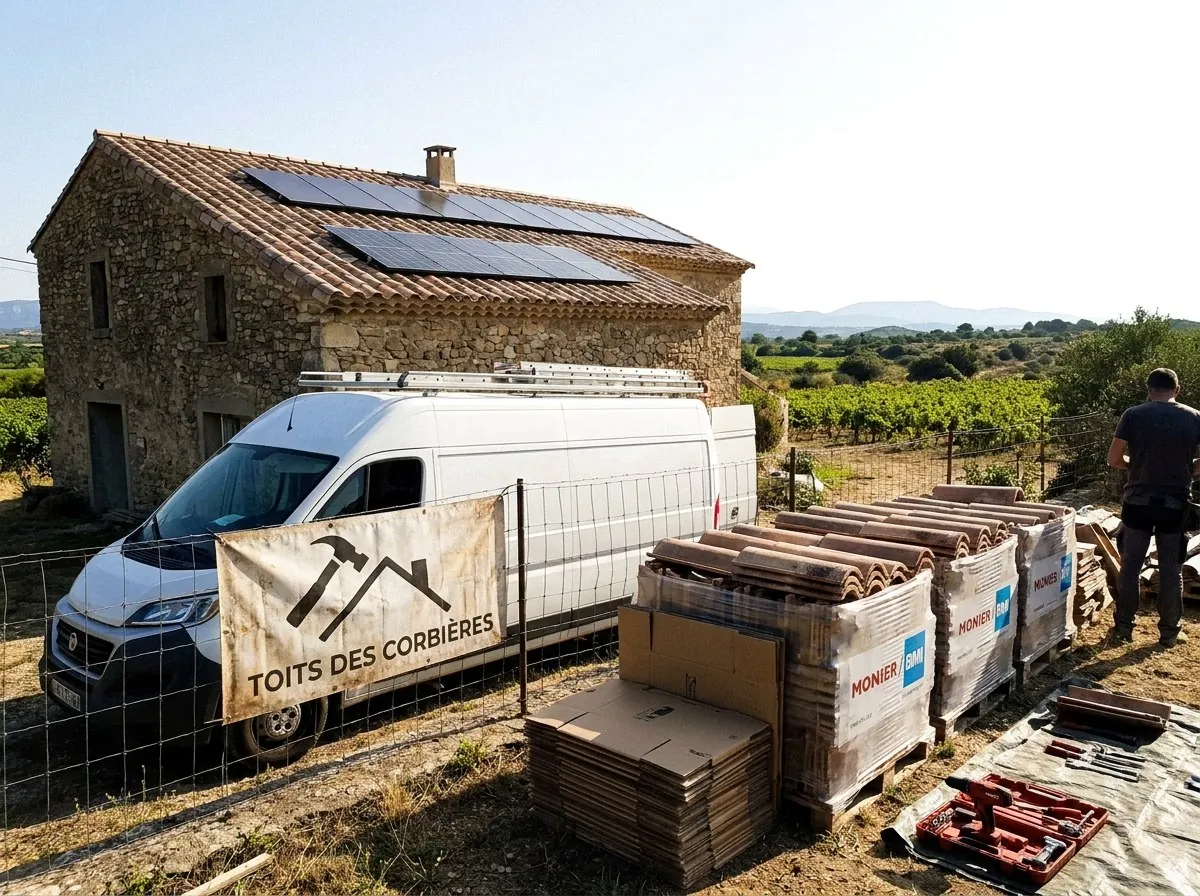 Chantier de couverture des Toits des Corbières sur un mas en pierre près de Lézignan-Corbières : bâche au nom de l'entreprise, palettes de tuiles canal, vignes autour