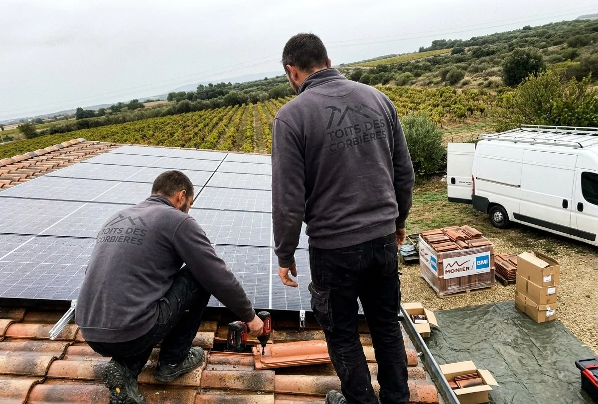 Deux couvreurs des Toits des Corbières reprennent des tuiles canal sur un toit entouré de vignes près de Lézignan-Corbières