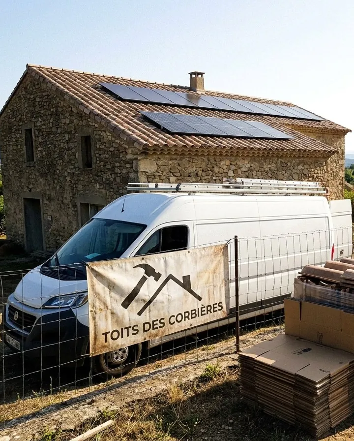 Couvreur Les Toits des Corbières sur un mas vigneron près de Lézignan-Corbières : tuiles canal, bâche de chantier et camionnette